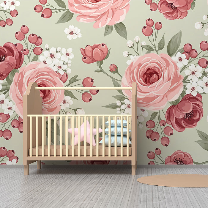 Barntapet | Stora buketter av rosor på en salvia grön bakgrund