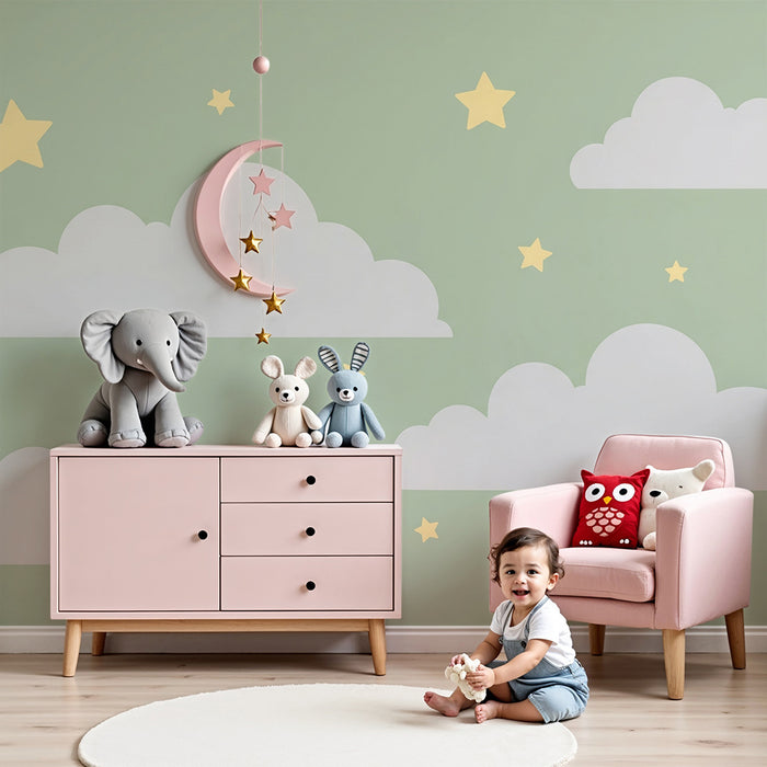 Barntapet | Stora mjuka moln gyllene stjärnor på grön bakgrund