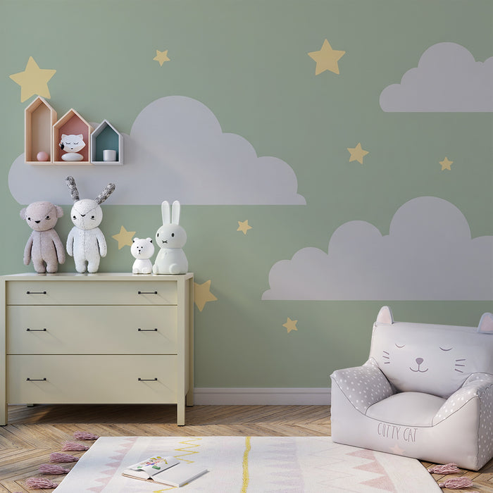 Barntapet | Stora mjuka moln gyllene stjärnor på grön bakgrund