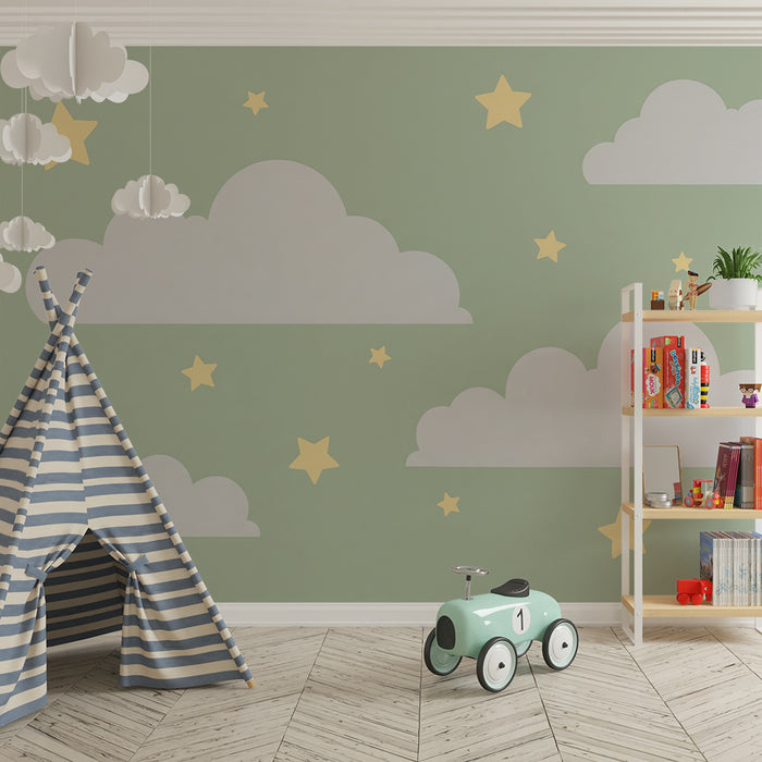 Barntapet | Stora mjuka moln gyllene stjärnor på grön bakgrund