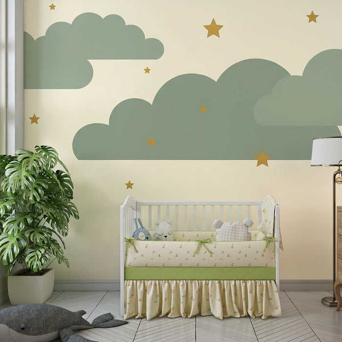 Barntapet | Stora salvia gröna moln på krämig bakgrund