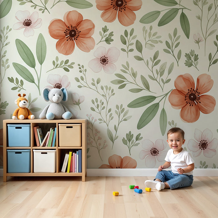 Babyzimmer Tapete | Große Blüten in Grün und Rot