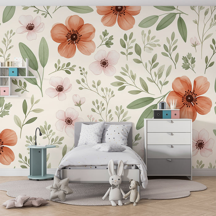 Babyzimmer Tapete | Große Blüten in Grün und Rot