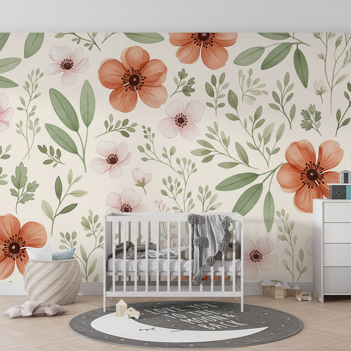 Babyzimmer Tapete | Große Blüten in Grün und Rot