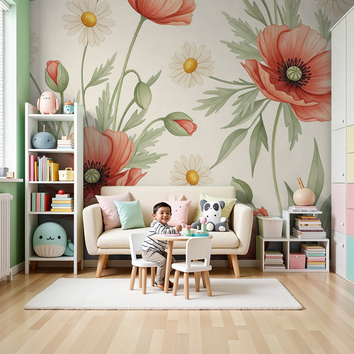 Papel de parede quarto bebê | Grandes flores e papoilas