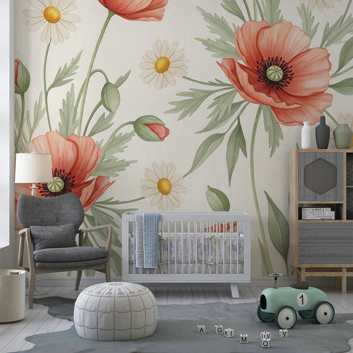 Papel de parede quarto bebê | Grandes flores e papoilas