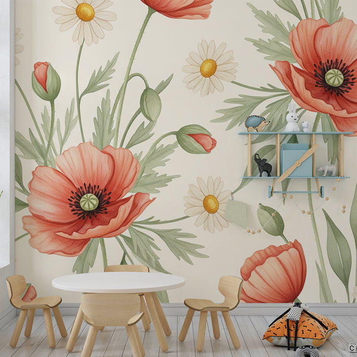 Papel de parede quarto bebê | Grandes flores e papoilas