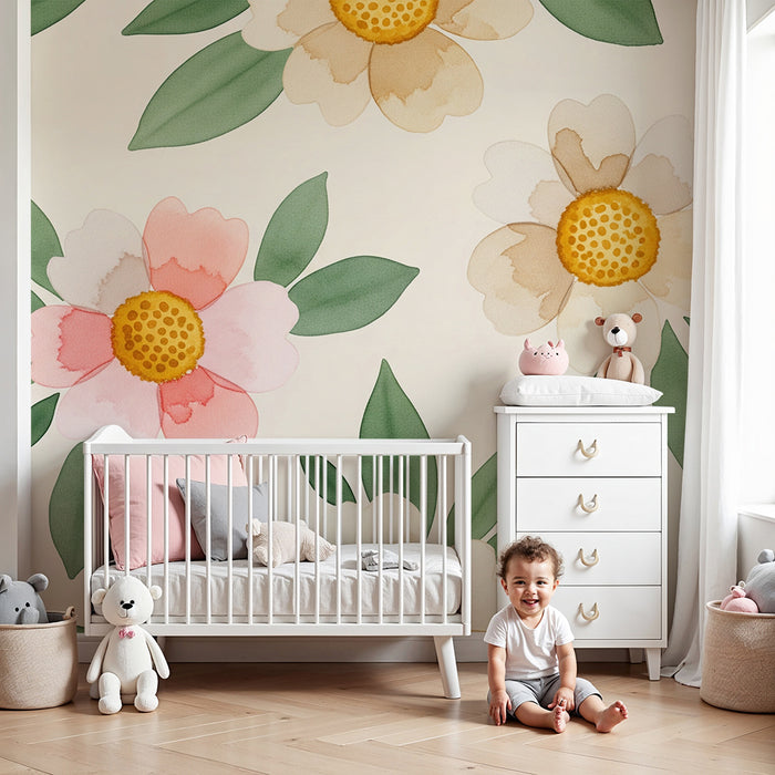 Vægmaleri til børneværelse | Store pastelblomster