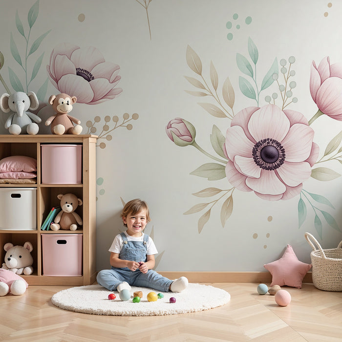 Papel de parede quarto bebê | Grandes flores cor-de-rosa