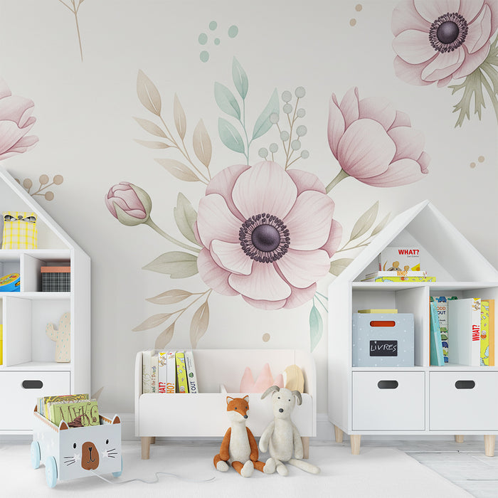 Papel de parede quarto bebê | Grandes flores cor-de-rosa