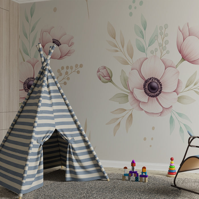 Papel de parede quarto bebê | Grandes flores cor-de-rosa