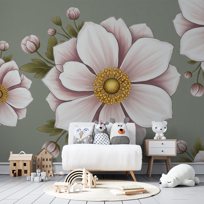 Barntapet | Stora rosa blommor på mjuk grön bakgrund