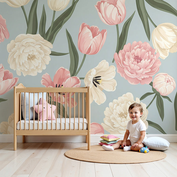 Børneværelse tapet | Store blomster på blågrå baggrund
