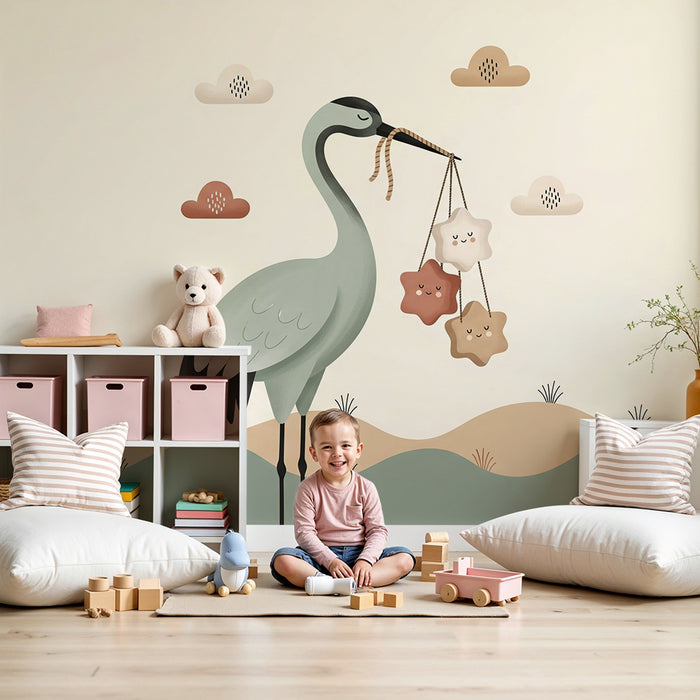Papier peint chambre bébé | Grue délicate portant des étoiles souriantes