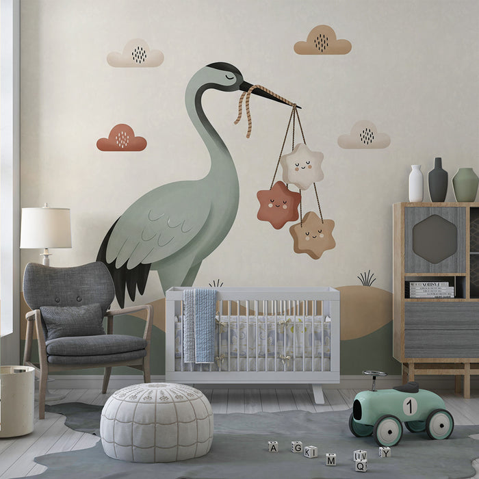 Papier peint chambre bébé | Grue délicate portant des étoiles souriantes