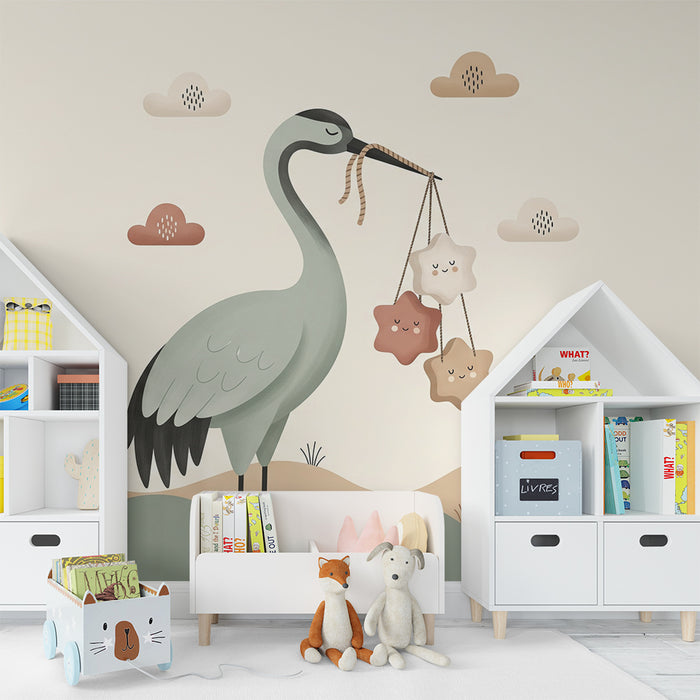 Papier peint chambre bébé | Grue délicate portant des étoiles souriantes