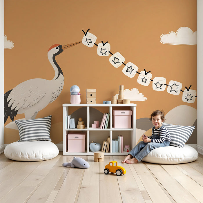 **Tapete fürs Babyzimmer | Eleganter Kranich und schwebende Sterne auf sanftem Hintergrund**