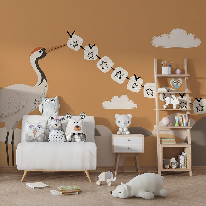 **Tapete fürs Babyzimmer | Eleganter Kranich und schwebende Sterne auf sanftem Hintergrund**