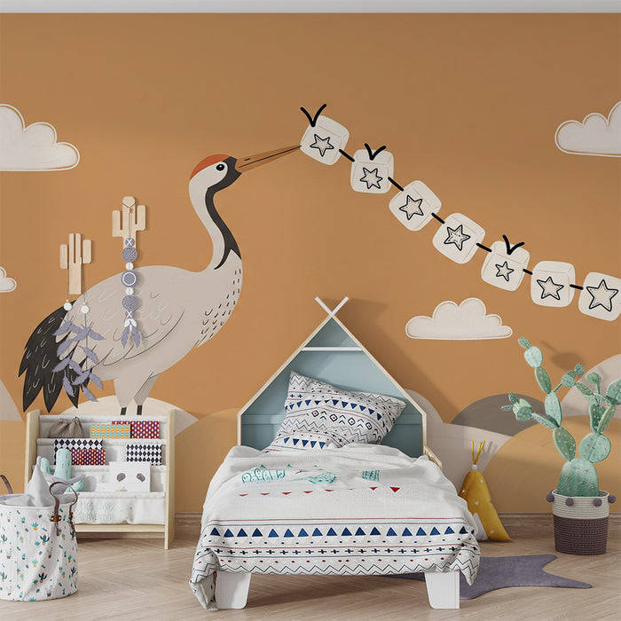 **Tapete fürs Babyzimmer | Eleganter Kranich und schwebende Sterne auf sanftem Hintergrund**