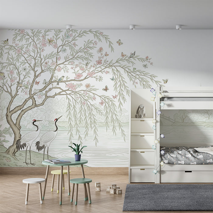 Tapeta dětského pokoje | Elegantní jeřáby na břehu vody s květy a motýly