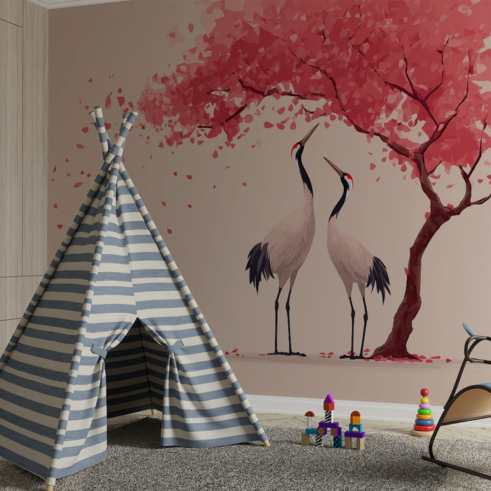 Nursery room wallpaper | Elegant cranes under a blossoming cherry tree