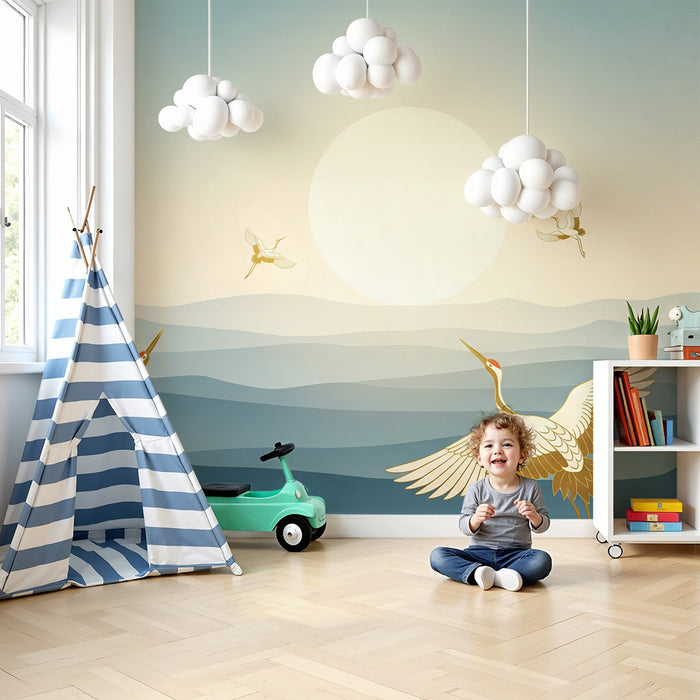 Papel pintado infantil | Grullas elegantes sobre fondo de paisaje tranquilo