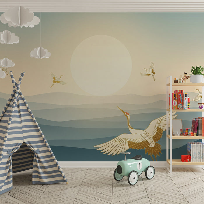 Papel pintado infantil | Grullas elegantes sobre fondo de paisaje tranquilo