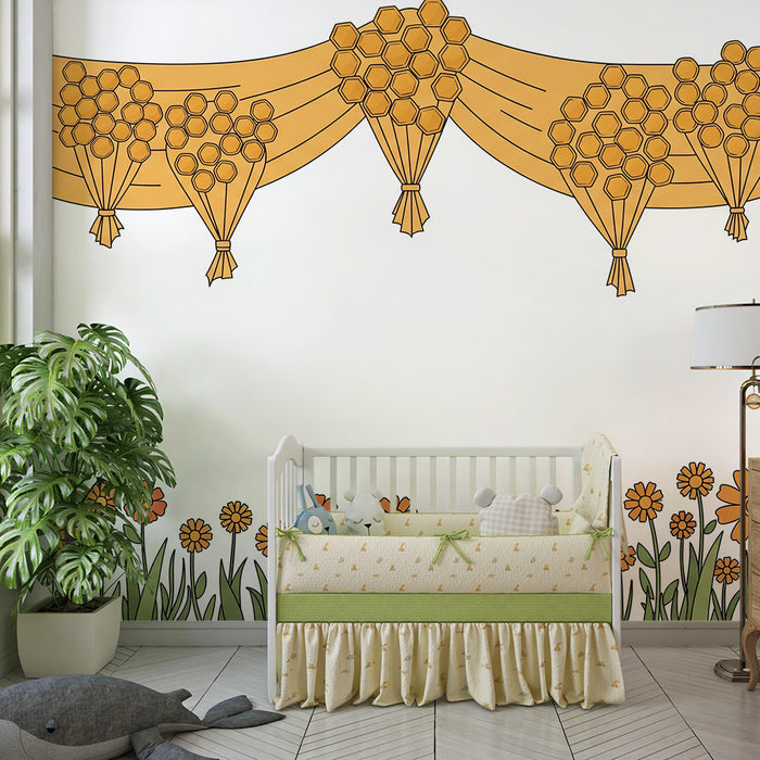 Papel de parede para quarto de bebé | Guirlanda de flores e raios de mel em tons dourados