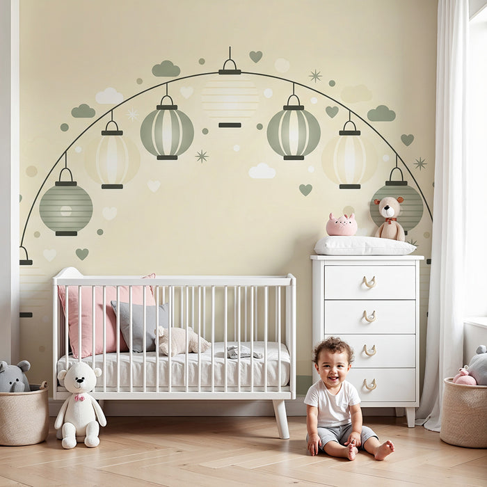 Papel de parede quarto bebê | Grinalda de lanternas delicadas com nuvens e estrelas