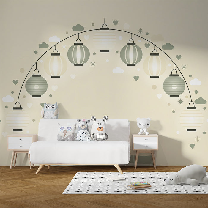 Papel de parede quarto bebê | Grinalda de lanternas delicadas com nuvens e estrelas