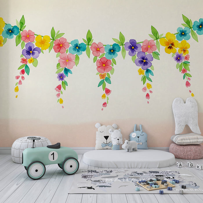 Tapet pentru camera copilului | Ghirlandă florală colorată cu flori acuarele