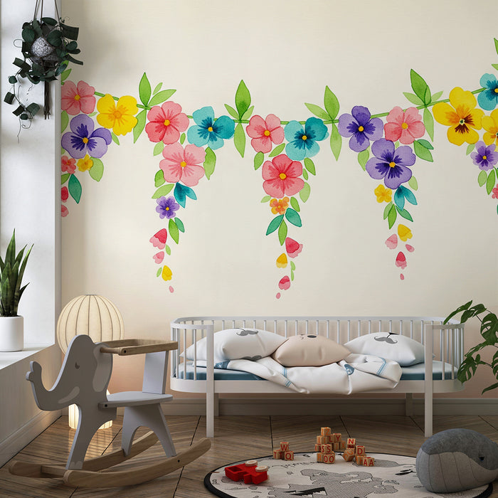 Tapet pentru camera copilului | Ghirlandă florală colorată cu flori acuarele