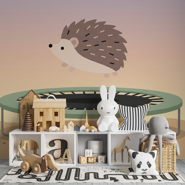 Nursery room wallpaper | Acrobatic hedgehog on trampoline