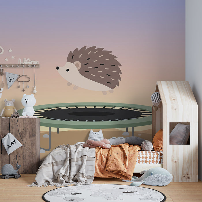 Nursery room wallpaper | Acrobatic hedgehog on trampoline