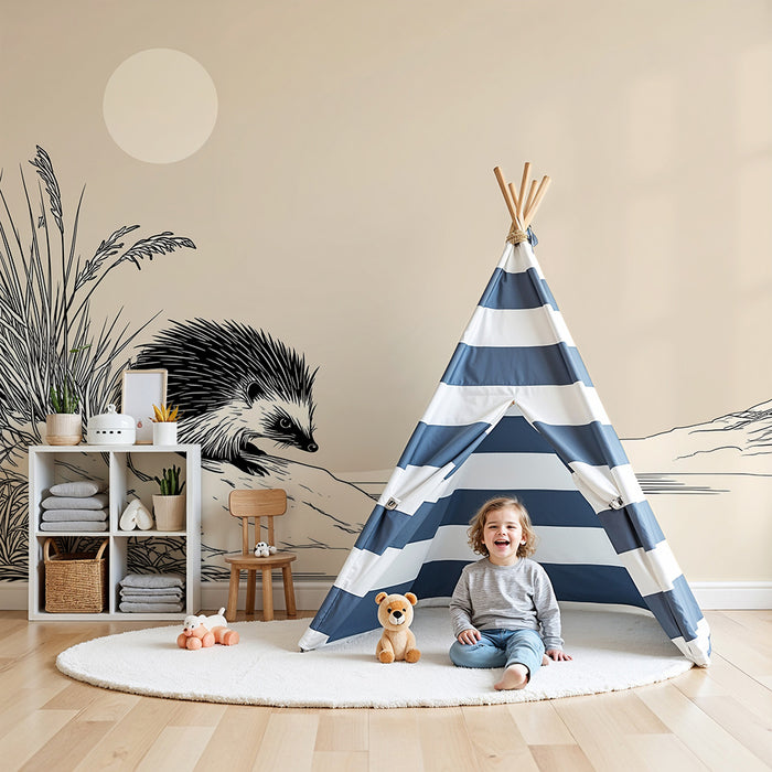 Papel de parede quarto bebê | Ouriço curioso à beira da água sob um céu tranquilo