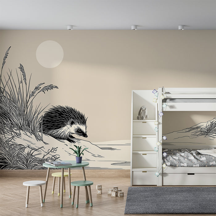 Papel de parede quarto bebê | Ouriço curioso à beira da água sob um céu tranquilo