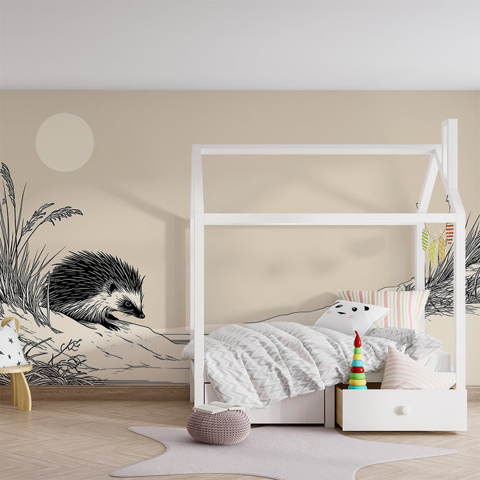 Papel de parede quarto bebê | Ouriço curioso à beira da água sob um céu tranquilo