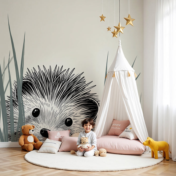 Carta da parati bambini | Riccio curioso tra l'erba