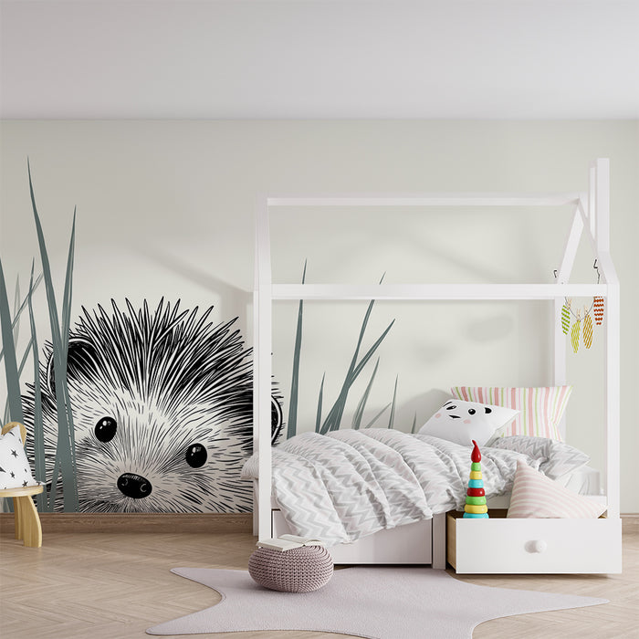 Carta da parati bambini | Riccio curioso tra l'erba
