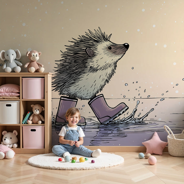 Papel pintado infantil | Erizo en botas al borde del agua