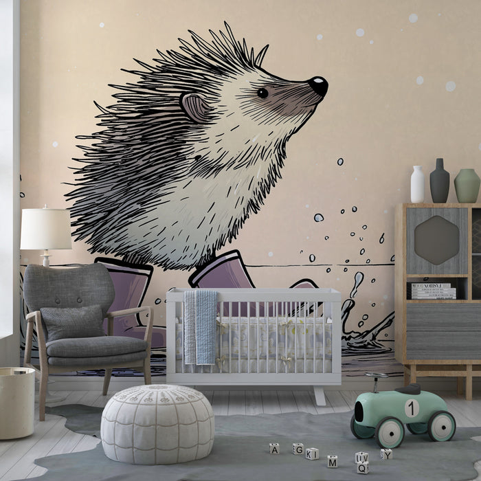 Papel pintado infantil | Erizo en botas al borde del agua