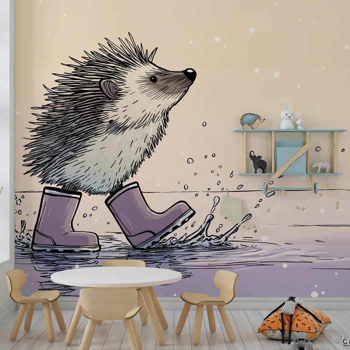 Papel pintado infantil | Erizo en botas al borde del agua