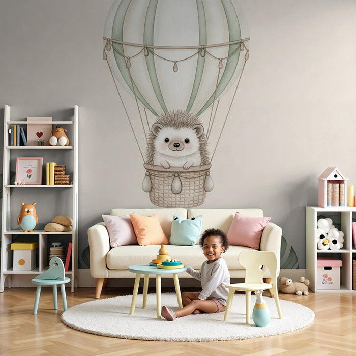 Papel de parede quarto bebê | Ёж във въздушен балон сред тропически листа