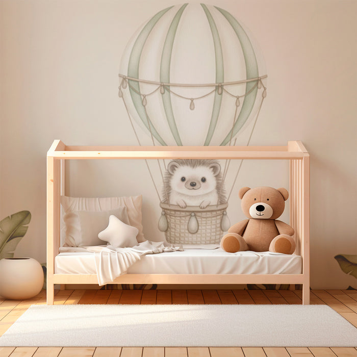 Papel de parede quarto bebê | Ёж във въздушен балон сред тропически листа
