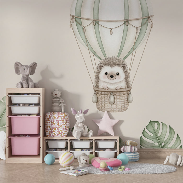 Papel de parede quarto bebê | Ёж във въздушен балон сред тропически листа