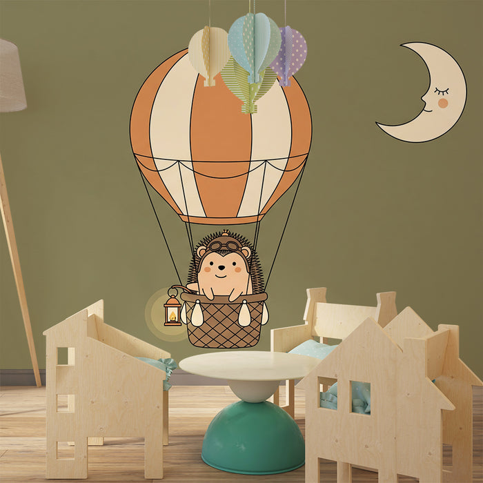Vægmaleri til børneværelse | Pindsvin i luftballon under månen