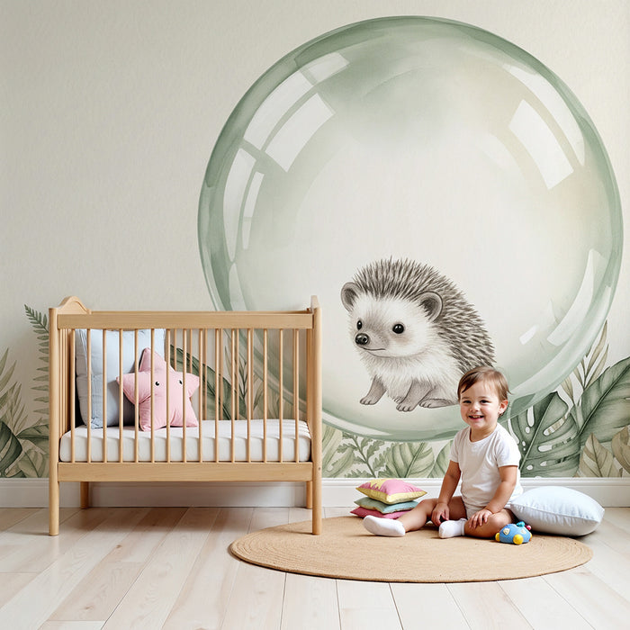Papel de parede quarto bebê | Ouriço em uma bolha e folhagem delicada