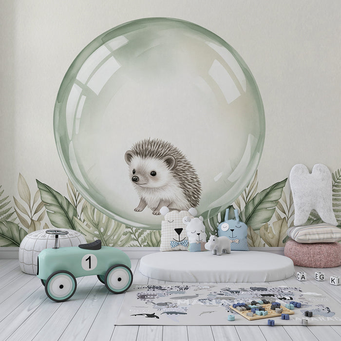 Papel de parede quarto bebê | Ouriço em uma bolha e folhagem delicada