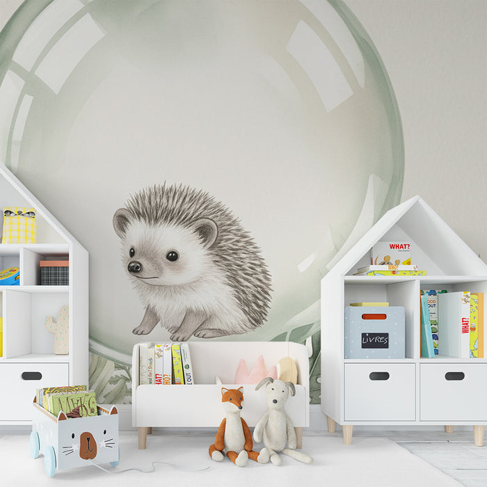 Papel de parede quarto bebê | Ouriço em uma bolha e folhagem delicada