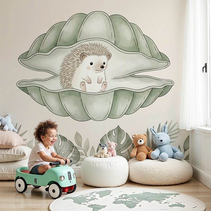 Babykamer behang | Egeltje in een schelp